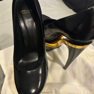 Versace Black Leather Stiletto Pumps with Gold Trim